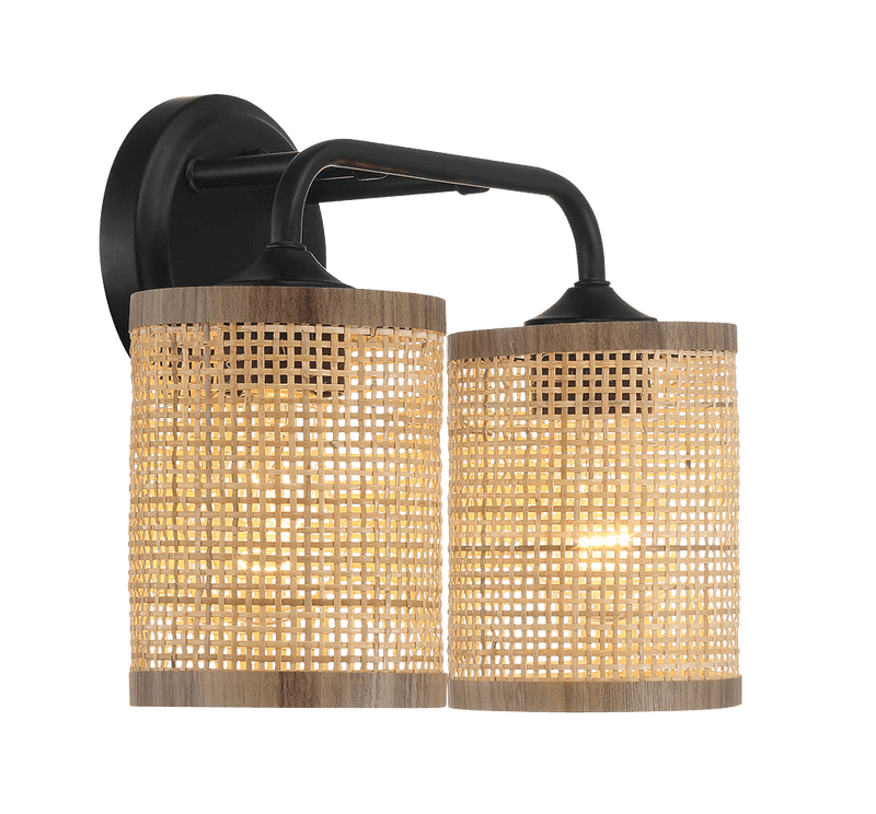 Quell Double Light Vanity With Natural Rattan Shade Wall Lamp