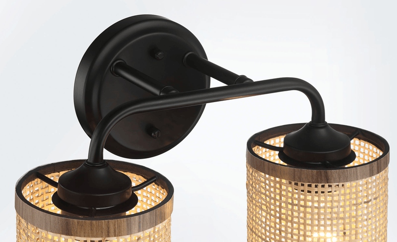 Quell Double Light Vanity With Natural Rattan Shade Wall Lamp