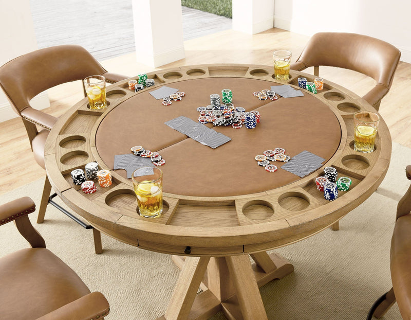 Rylie 48-inch Round Counter Dining Table with 4 Drawers and Folding Game Top, Natural Finish