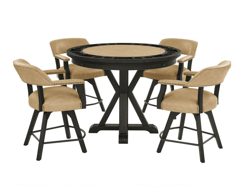 Rylie 48-inch Round Counter Dining Table with 4 Drawers and Game Top, Black Finish