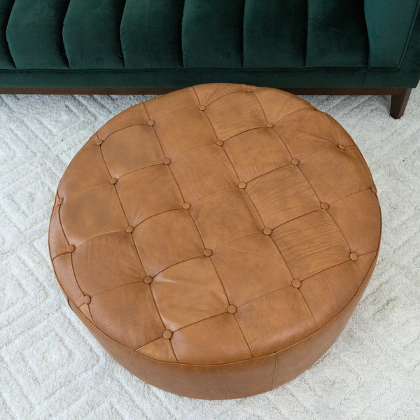 Seletar Mid-Century Modern Tan Leather Ottoman