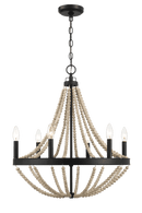 Starry Wood Chandelier Farmhouse Six Candle Light Wood Beaded Black Pendant Light for Dining Room