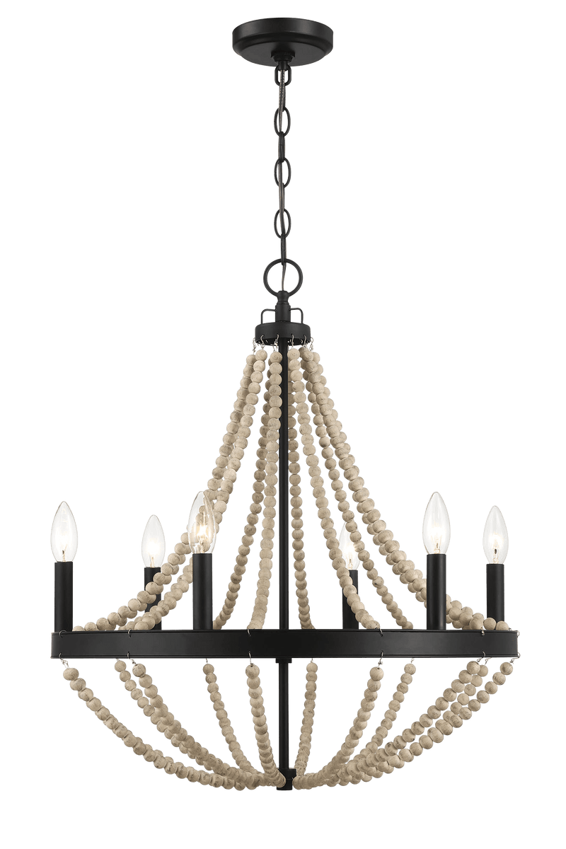 Starry Wood Chandelier Farmhouse Six Candle Light Wood Beaded Black Pendant Light for Dining Room