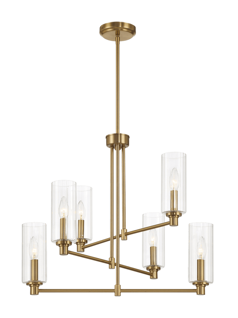 Timeless Six Lights Chandelier With Clear Ribbed Glass - Satin Brass