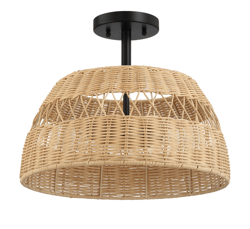 Twinkle Double Lights Semi Flush With Rattan Shade Black Metal Finish for Farmhouse Style