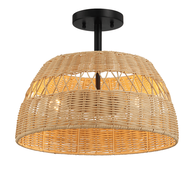 Twinkle Double Lights Semi Flush With Rattan Shade Black Metal Finish for Farmhouse Style