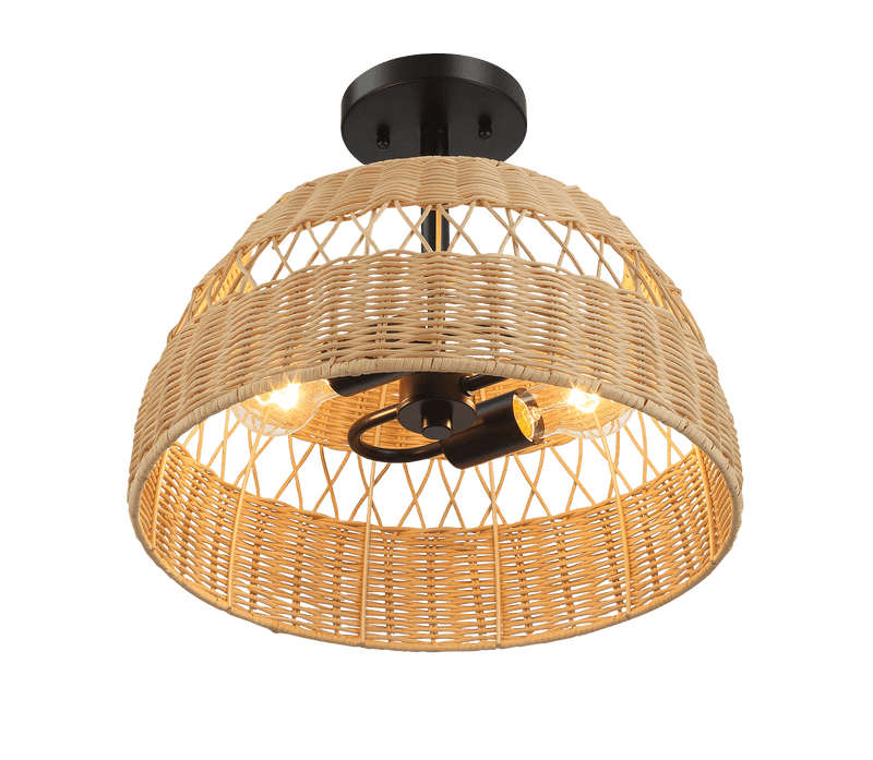 Twinkle Double Lights Semi Flush With Rattan Shade Black Metal Finish for Farmhouse Style