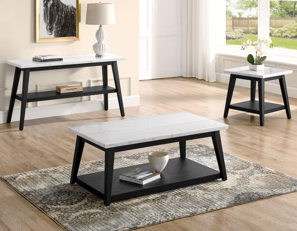 Vida White Marble Cocktail Table with Casters, Black Finish