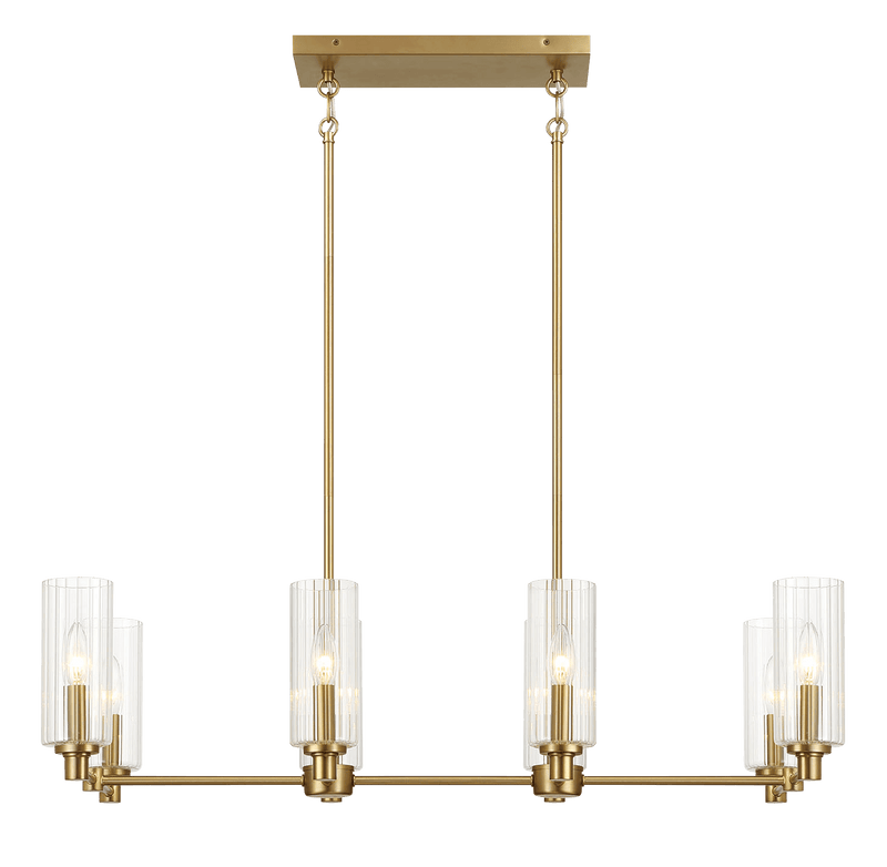 Willow Eight Lights Island With Clear Ribbed Glass Pendant Lamp - Satin Brass